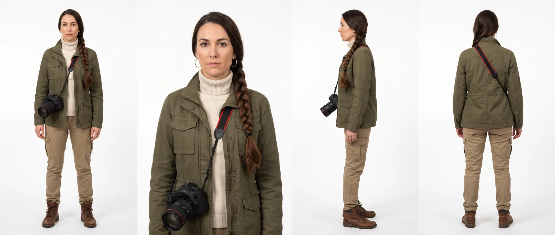 Nano Banana 2: hoja de cuatro vistas a partir de la descripción, una fotógrafa con chaqueta verde oliva y cámara