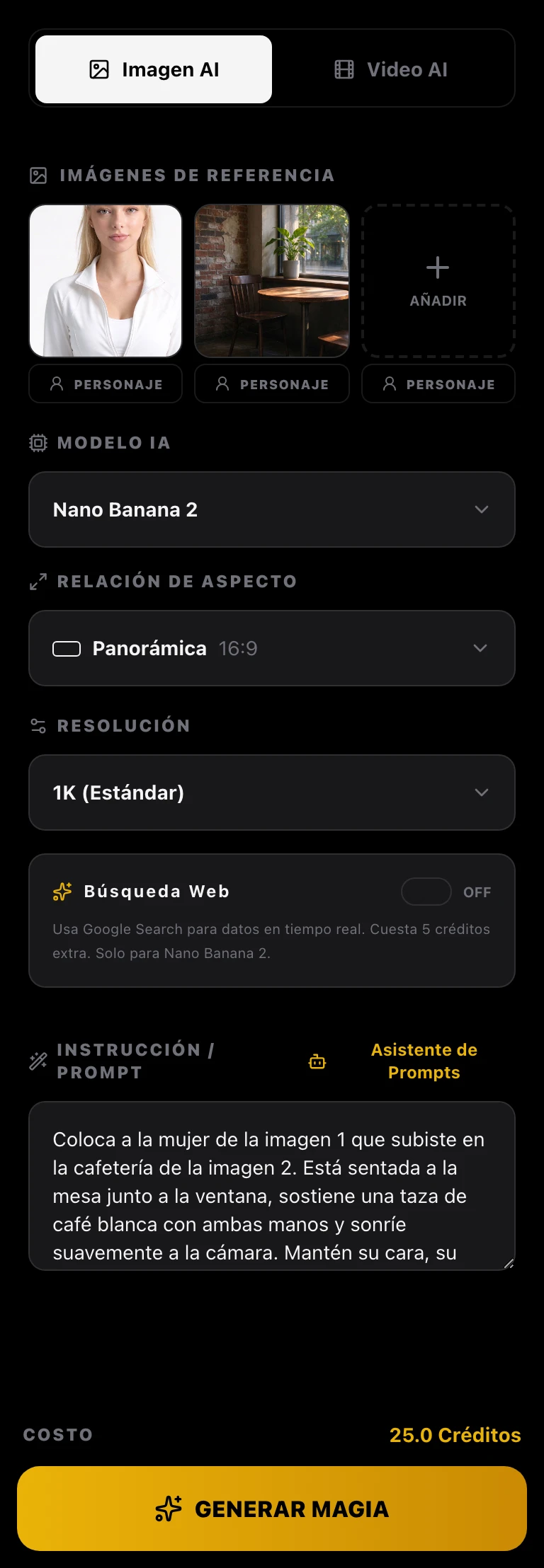 Captura del espacio de trabajo (ajustes de edición): dos imágenes de referencia, la persona y la escena; el prompt nombra la imagen 1 y la imagen 2; relación 16:9, resolución 1K y el costo abajo