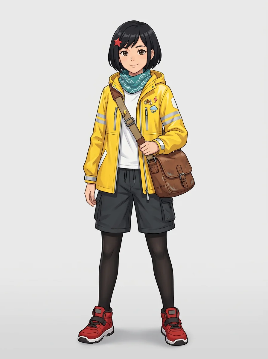 Imagen de referencia: mensajera en bicicleta, personaje original de anime, con melena corta negra, pasador rojo de estrella, impermeable amarillo y bolso marrón cruzado; cuerpo entero, de frente