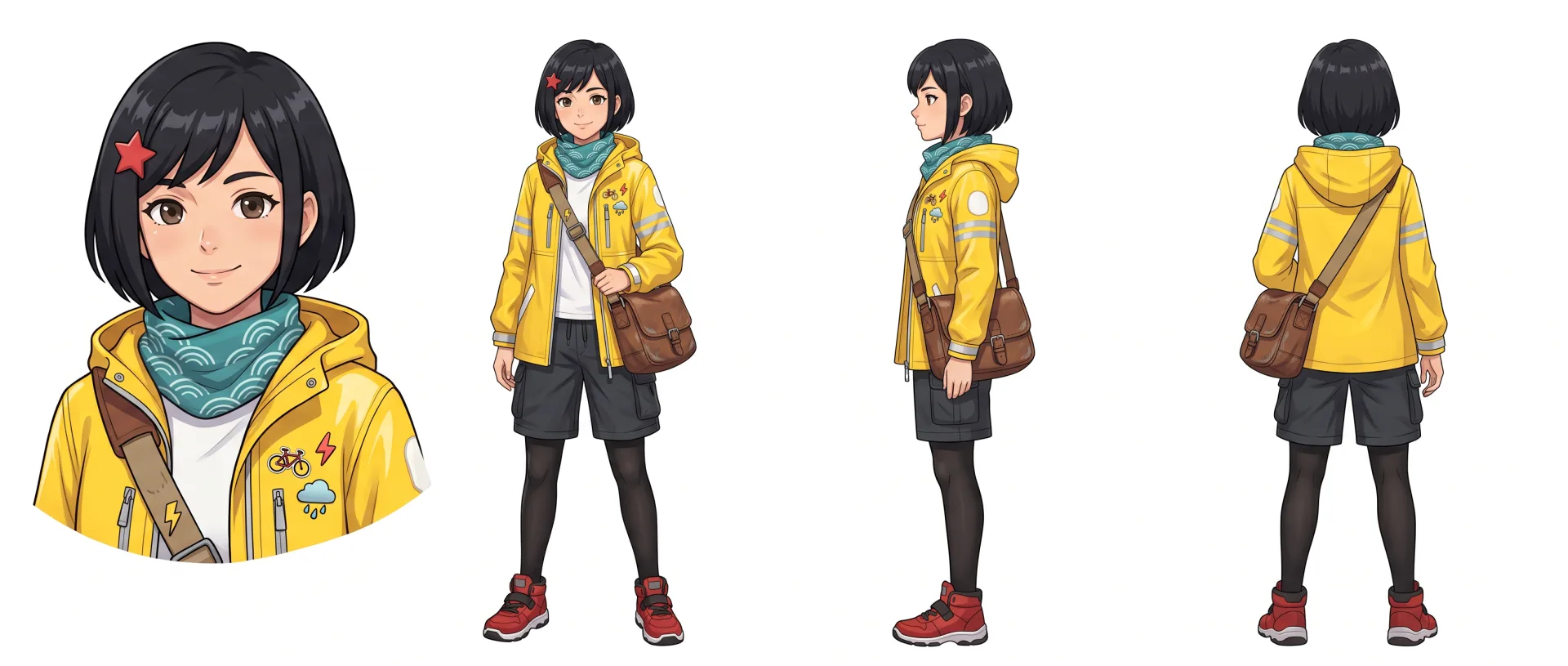 Nano Banana 2: hoja de cuatro vistas a partir de la imagen de referencia, la chica del impermeable amarillo