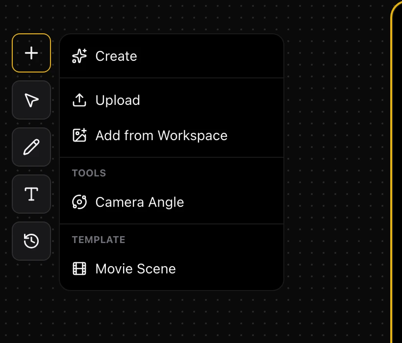 Screenshot: the “+” menu of the Cinematic Canvas open, with Create, Upload and Workspace entries, “Camera Angle” under “Tools” and “Movie Scene” under “Template”
