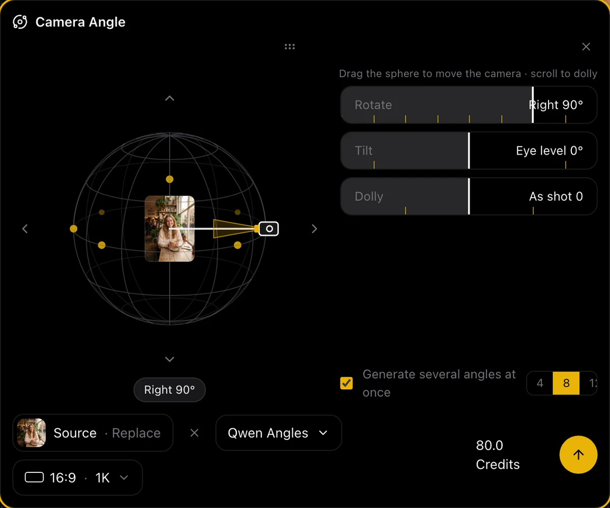 Screenshot: with “Generate several angles at once” ticked and 8 selected, eight yellow camera markers appear on the sphere at the front, both sides, behind and diagonally above