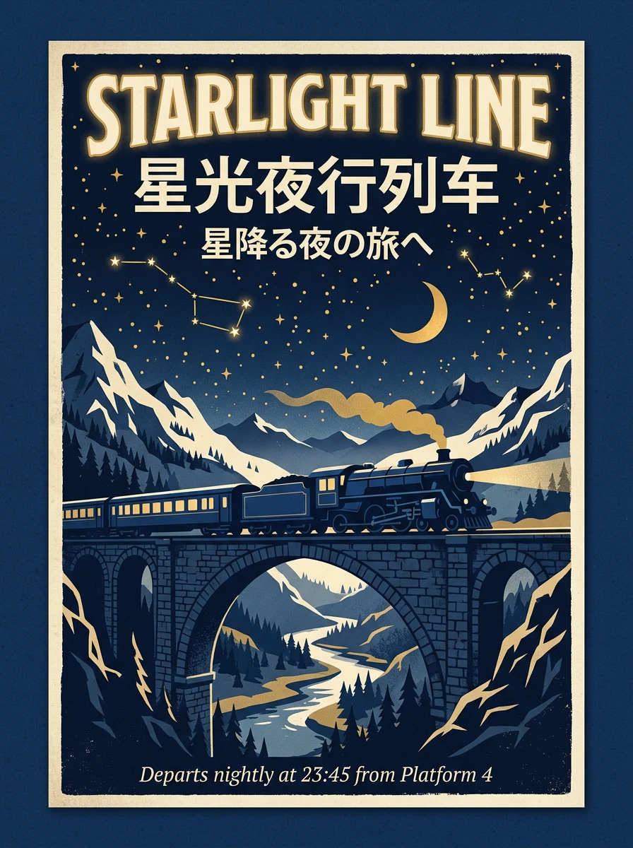 Nano Banana 2 poster: title STARLIGHT LINE, the Chinese and Japanese lines below, a steam train crossing a stone arch bridge