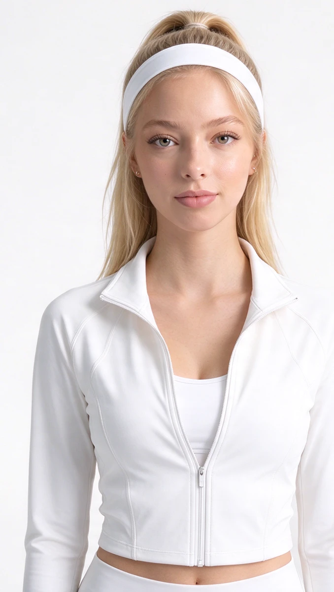 Reference image 1: close-up of a blonde woman made with Sky Studio's character system, with a white headband, a high ponytail and a white zip-up jacket