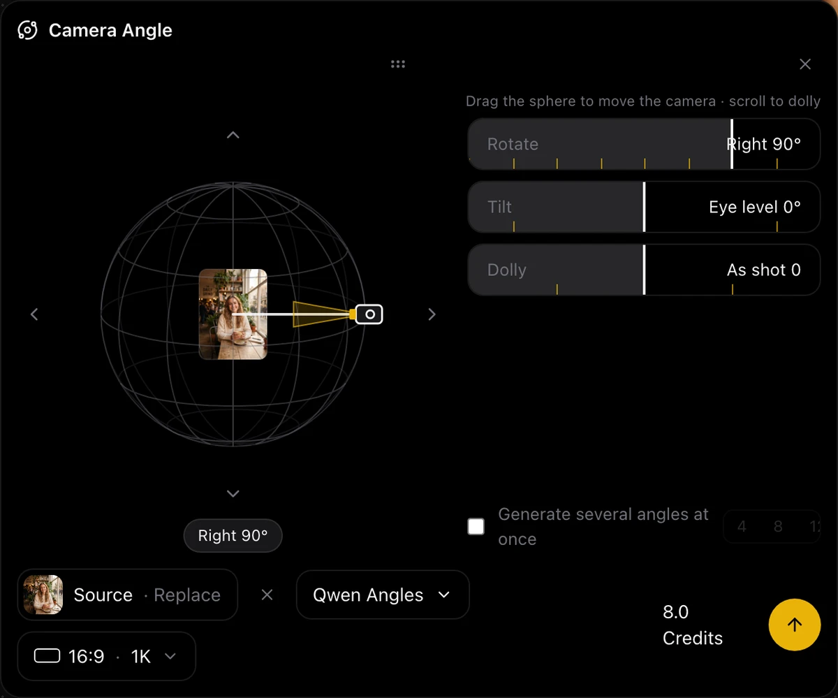 Screenshot: the Camera Angle panel: wireframe sphere with the source thumbnail at its centre, camera at right 90°, Rotate, Tilt and Dolly sliders, source chip, Qwen Angles, 16:9 · 1K, generate button