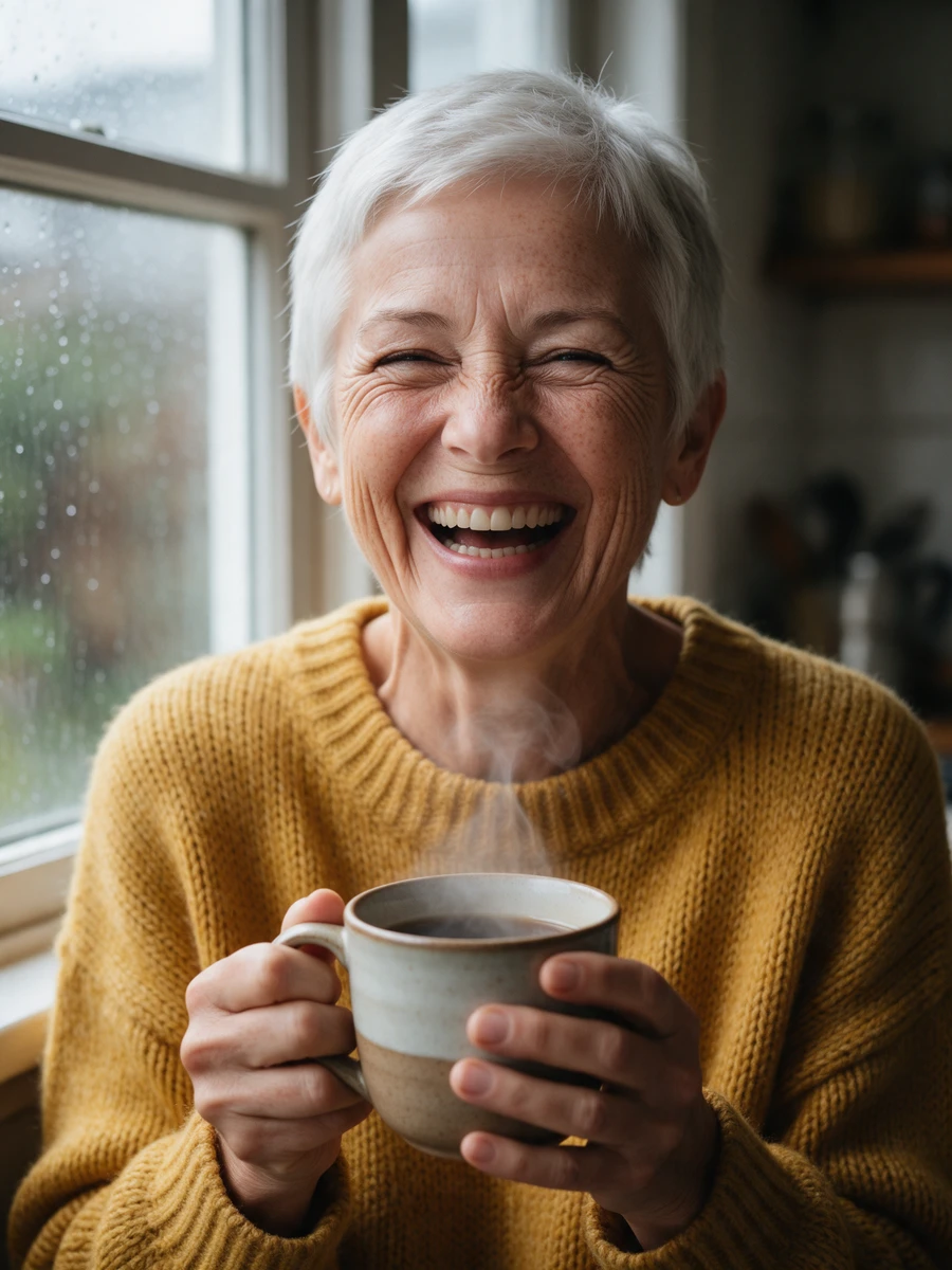 Seedream 5.0 Pro portrait: a woman with short white hair laughing with her eyes shut, sharp wrinkles and freckles, steam rising from the mug