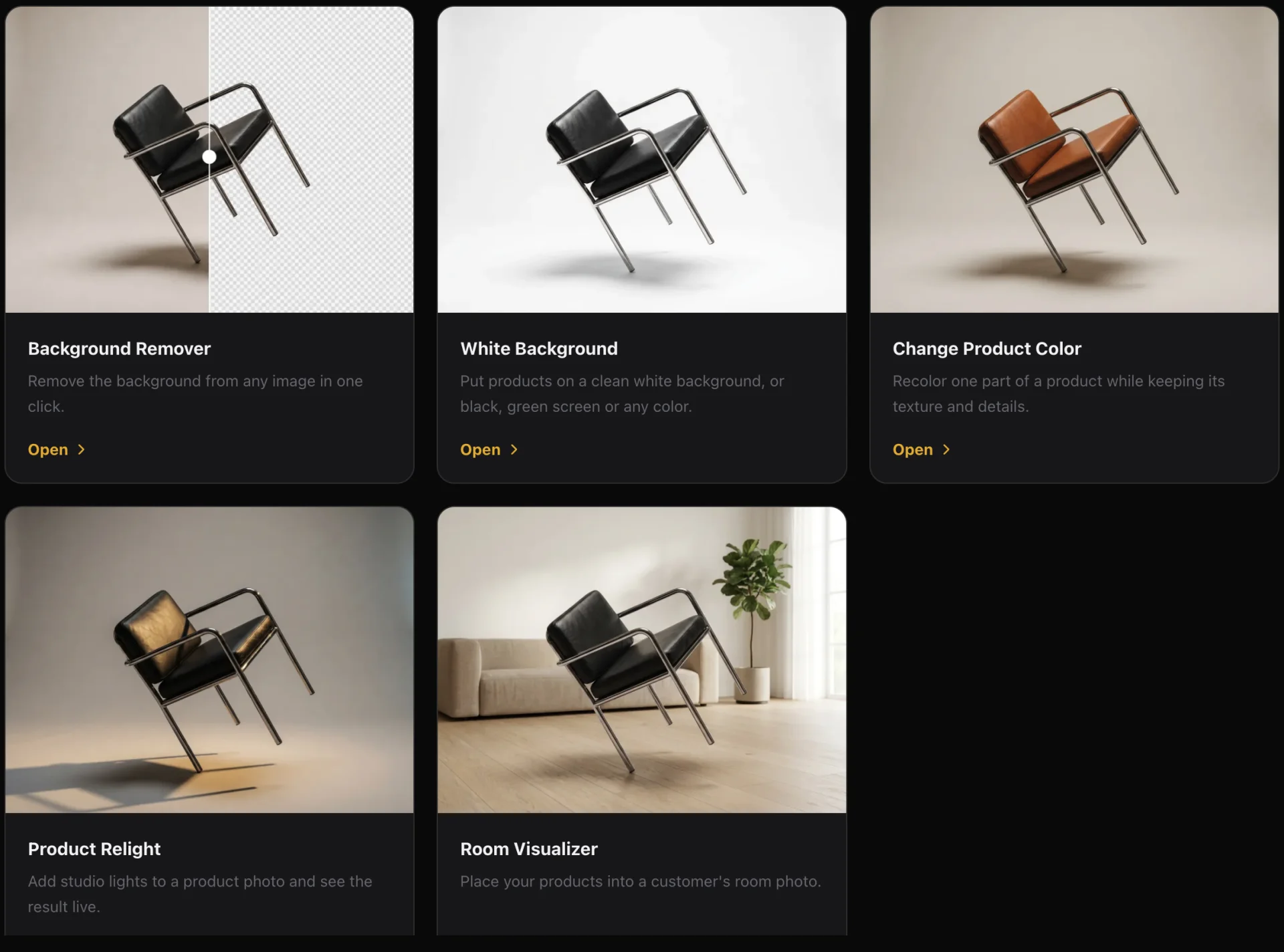 Screenshot of Tools: the five e-commerce tools, Background Remover, White Background, Change Product Color, Product Relight and Room Visualizer