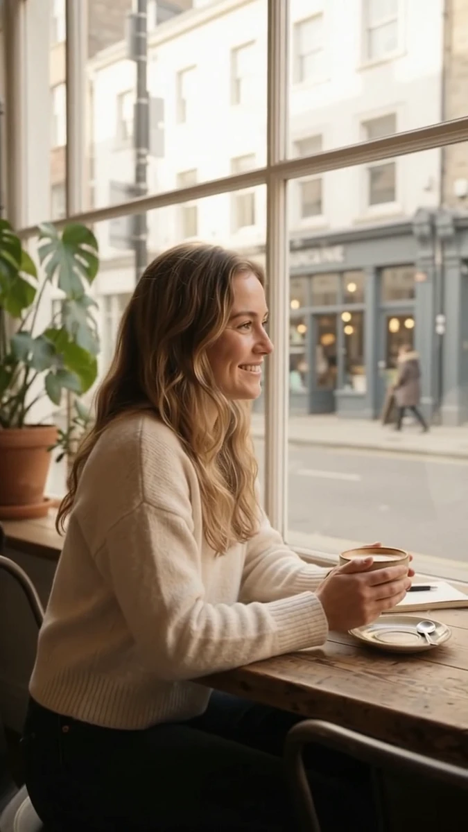 Omni at 6 s: the camera is at her side and slightly behind, she faces the window, the shelves on the left of the frame