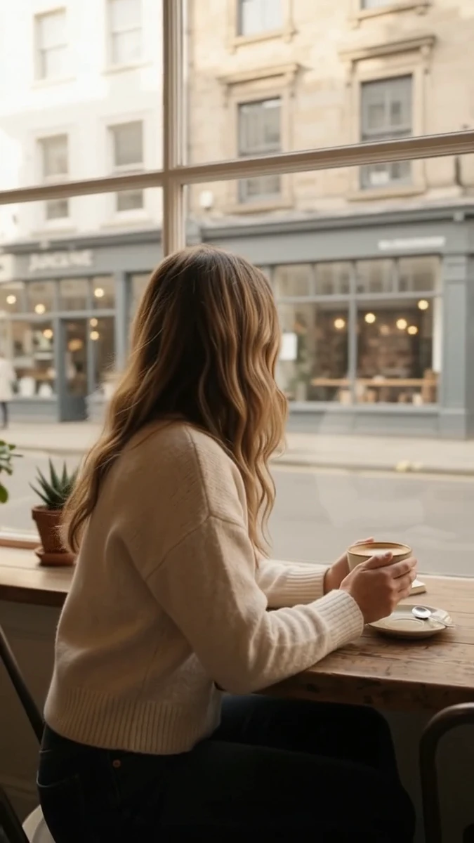 Omni at 8 s: the camera stops at a three-quarter back view, her back and the outline of her face, the street outside clearly visible