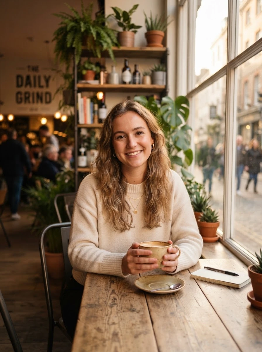 Cafe source: a long-haired woman at a wooden table holding a coffee cup in both hands and smiling at the camera, a big window on the right, plants and shelves behind her