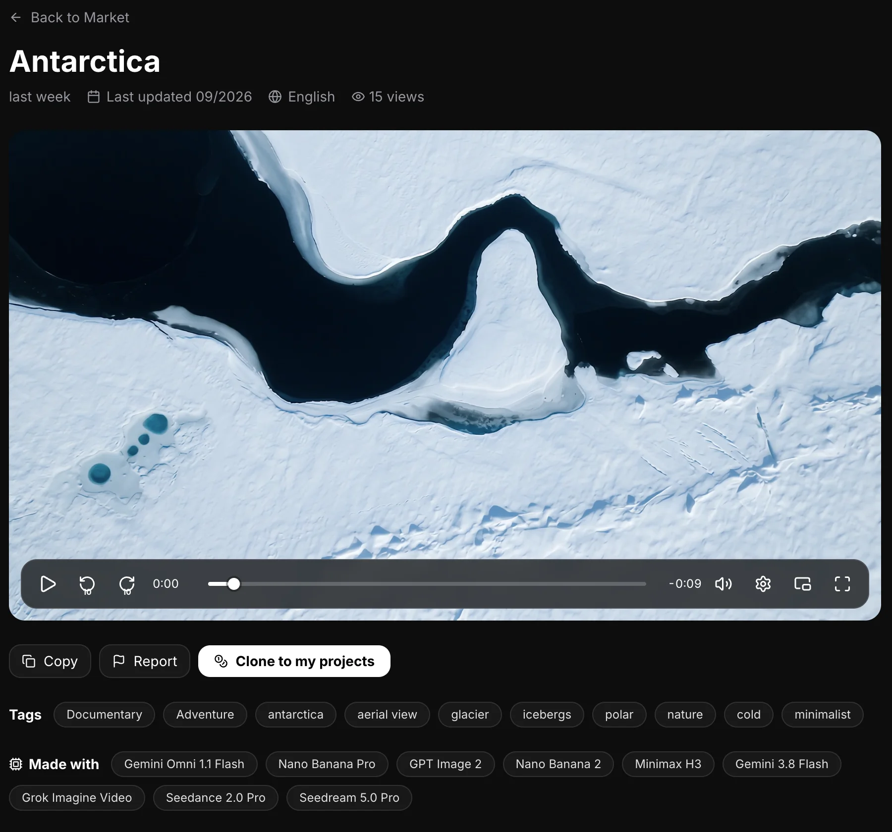 Screenshot of the Market: a project page someone shared, with the button to clone it into your projects and the models it used