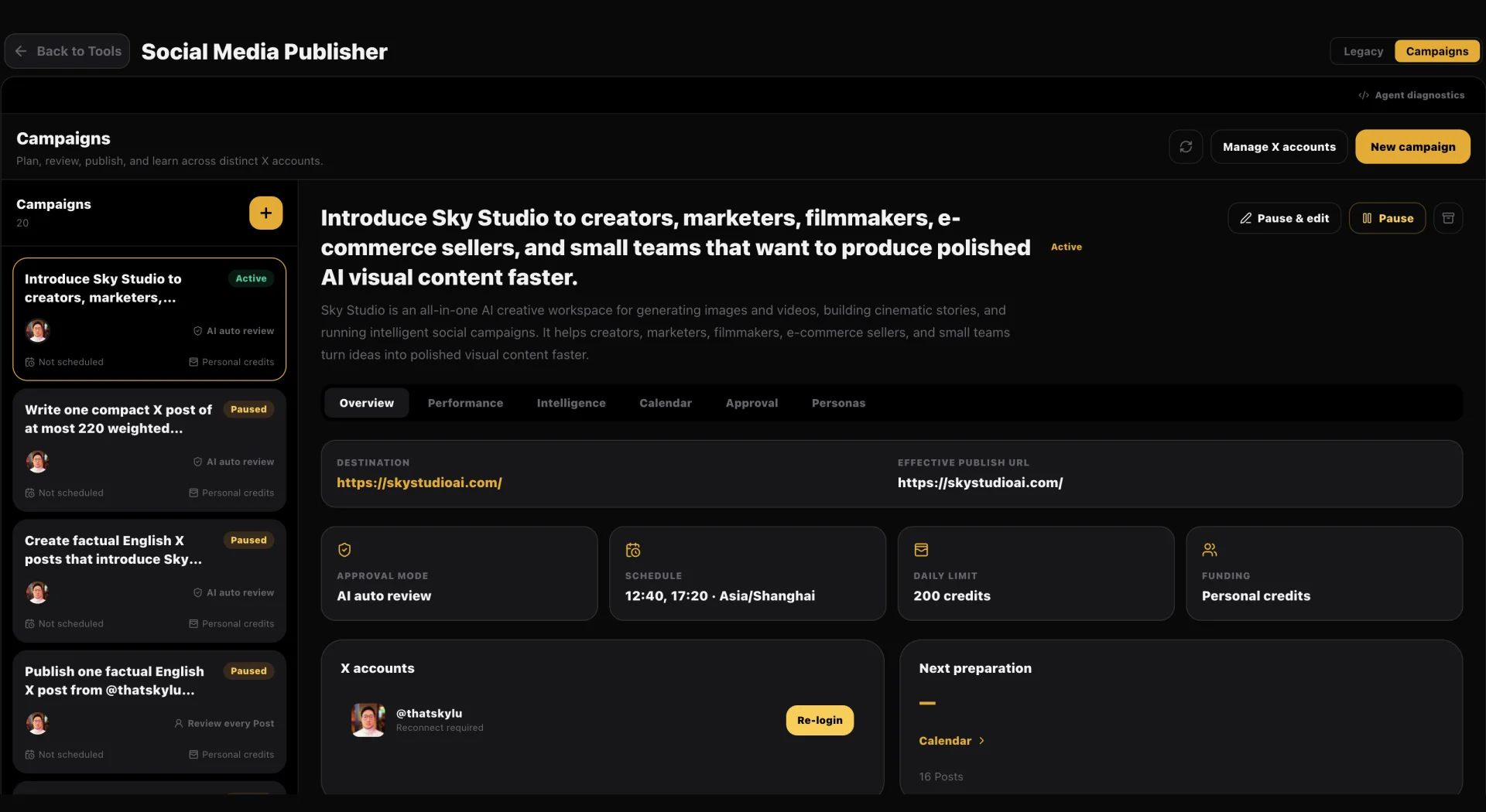 Screenshot of the Social Media Publisher: the approval mode, posting time and daily limit of an X campaign