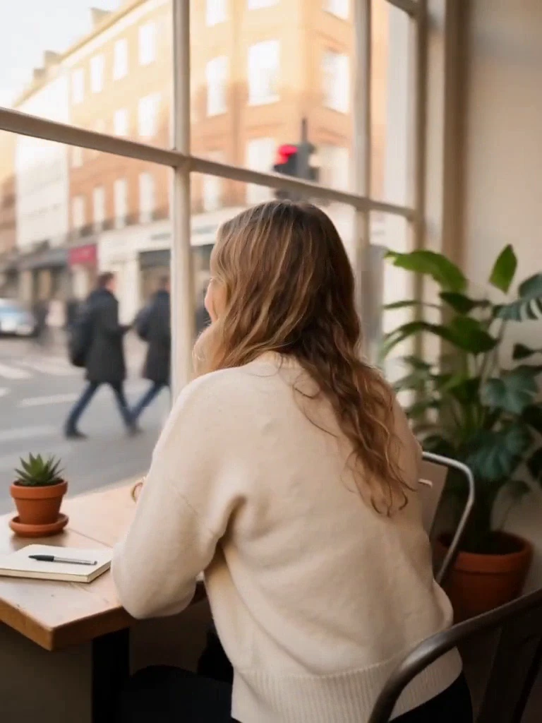 H3 at 6 s: the camera is at her back side, she looks out of the window at the street and passers-by