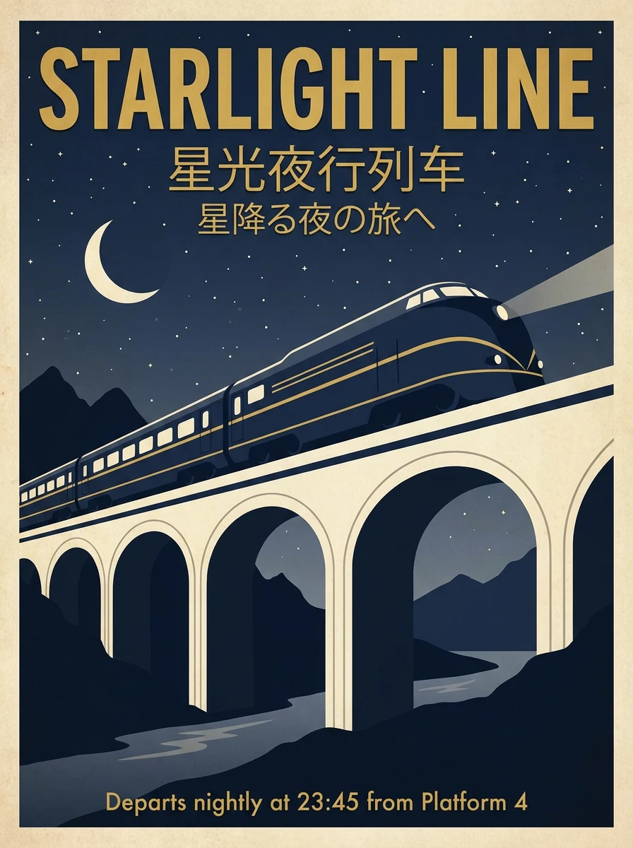 Nano Banana Pro poster: gold title STARLIGHT LINE, Chinese and Japanese lines below, a streamlined train crossing a cream arch bridge