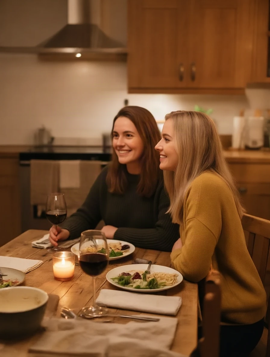 Dinner table right 90°: the camera is at the side of the table, the two friends sit one behind the other in profile talking, kitchen cabinets and a pendant lamp deep in the frame