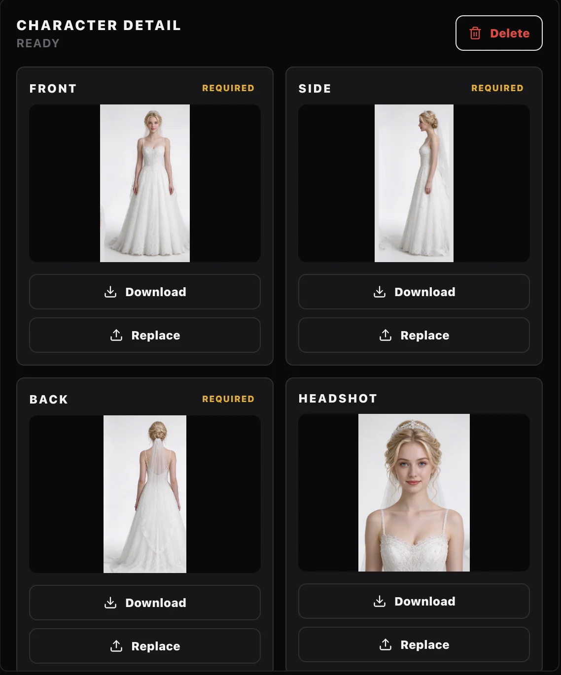 Characters page screenshot: the four images split from one character, front, side, back and headshot