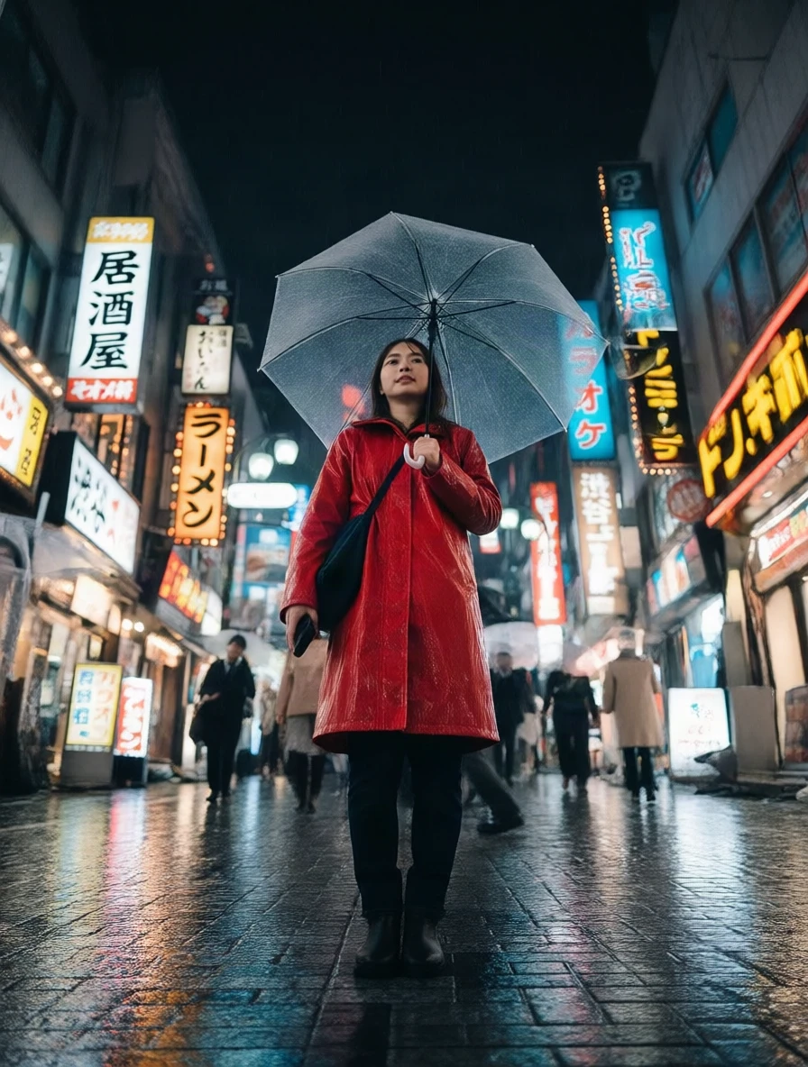 Rain low 45°: the camera is near the ground looking up, the clear umbrella fills the top of the frame, neon signs tower upwards, the woman looks tall