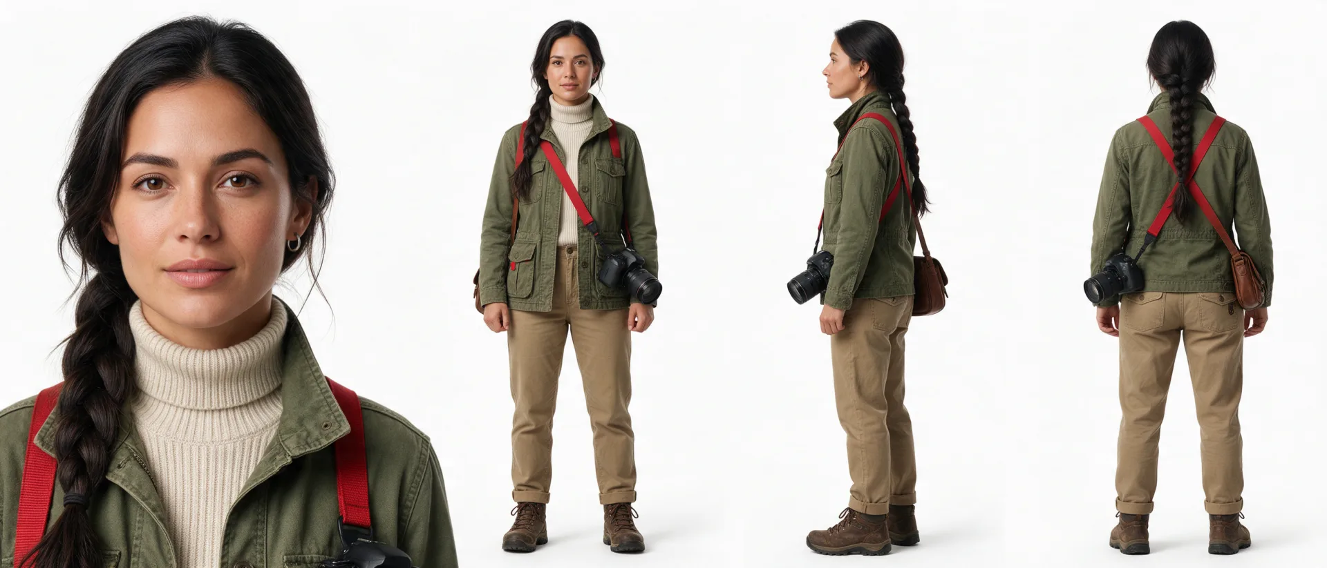 Seedream 5.0 Pro: hoja de cuatro vistas a partir de la descripción, una fotógrafa con chaqueta verde oliva y cámara