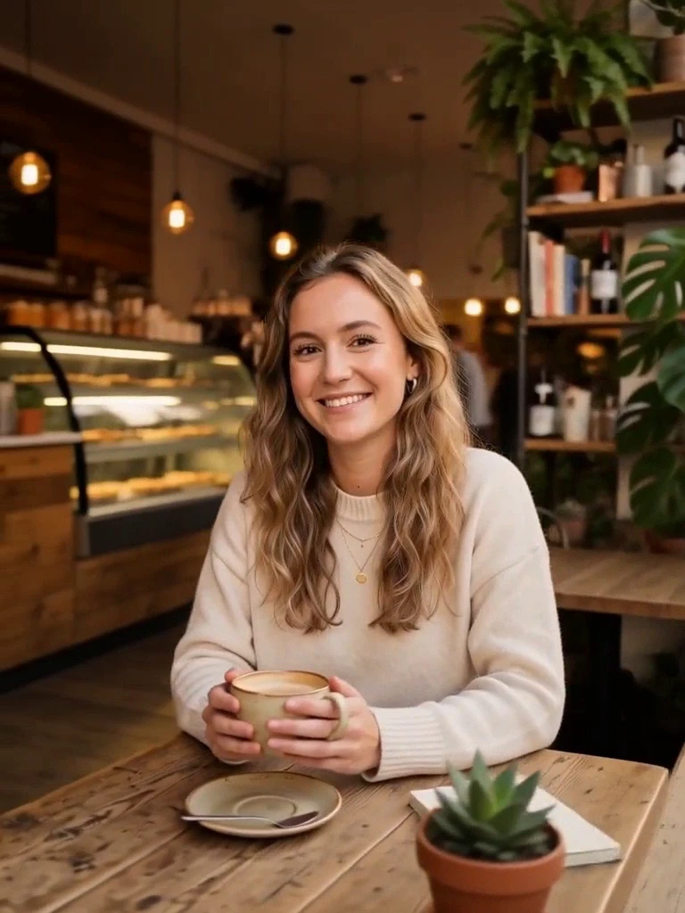 H3 at 3 s: the camera has moved to her front side, and a pastry counter and chalkboard menu that are not in the original have appeared behind her