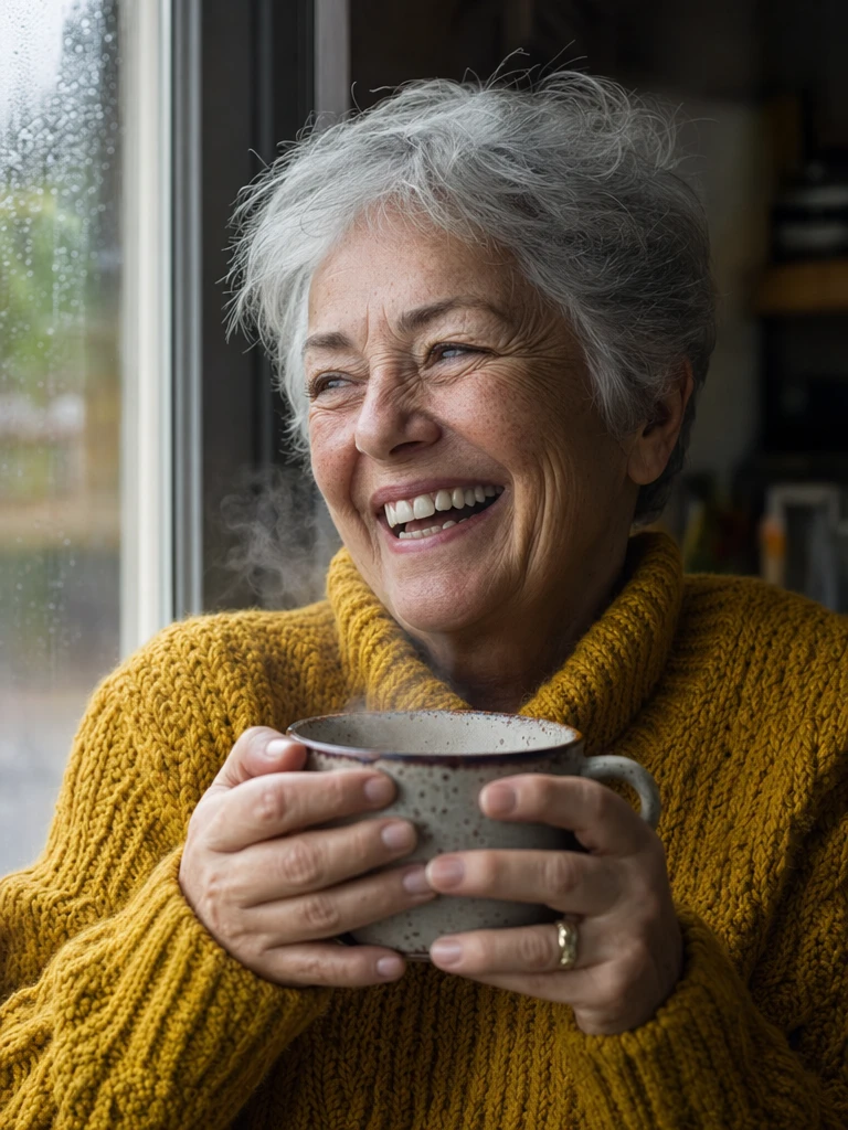 GPT Image 2 portrait: a silver-haired woman laughing as she looks out of the window, steam rising from the mug