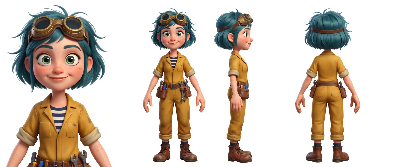 The four-view sheet generated on the Characters page: the 3D animated inventor Maya as headshot, front, side and back, with a teal bob, brass goggles and a mustard jumpsuit