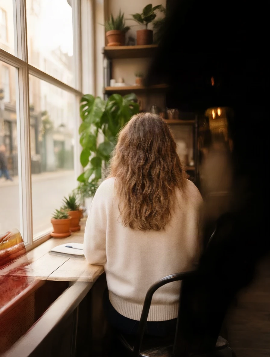 Cafe moved directly behind: the camera is behind the woman, her long hair from the back, she faces the window and the street outside, the right edge slightly blurred