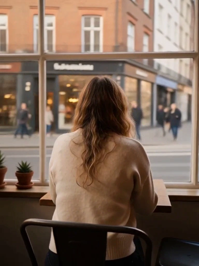 H3 at 8 s: the camera is directly behind her, her back to us facing the big window, shops across the street outside