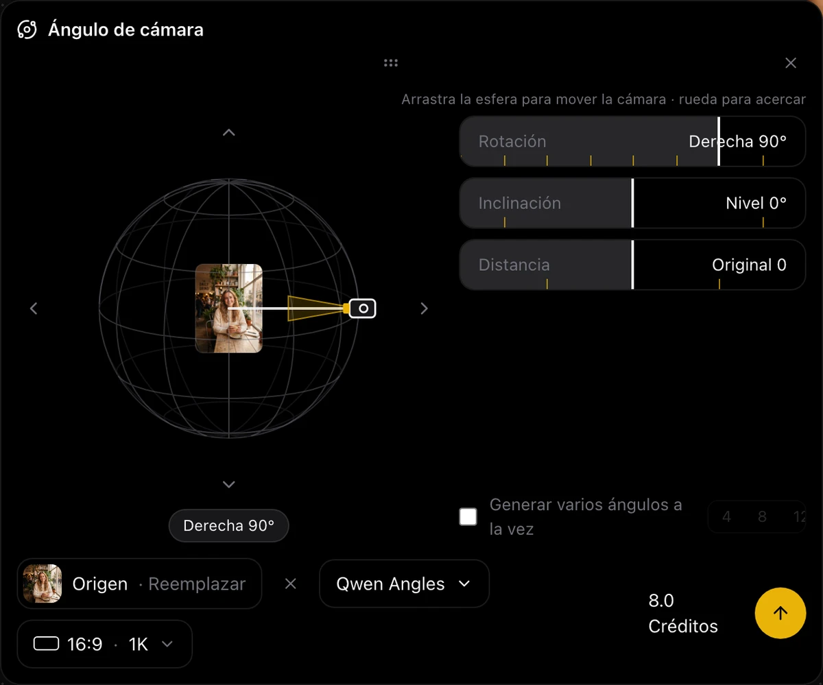 Captura: el panel Ángulo de cámara: esfera con la miniatura de origen en el centro, cámara en derecha 90°, deslizadores Rotación, Inclinación y Distancia, origen, Qwen Angles, 16:9 · 1K y generar