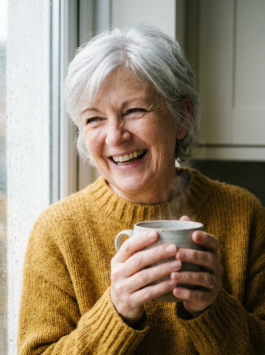 Nano Banana Pro portrait: a silver-haired woman laughing with a ceramic mug in both hands, a rain-dotted window on the left