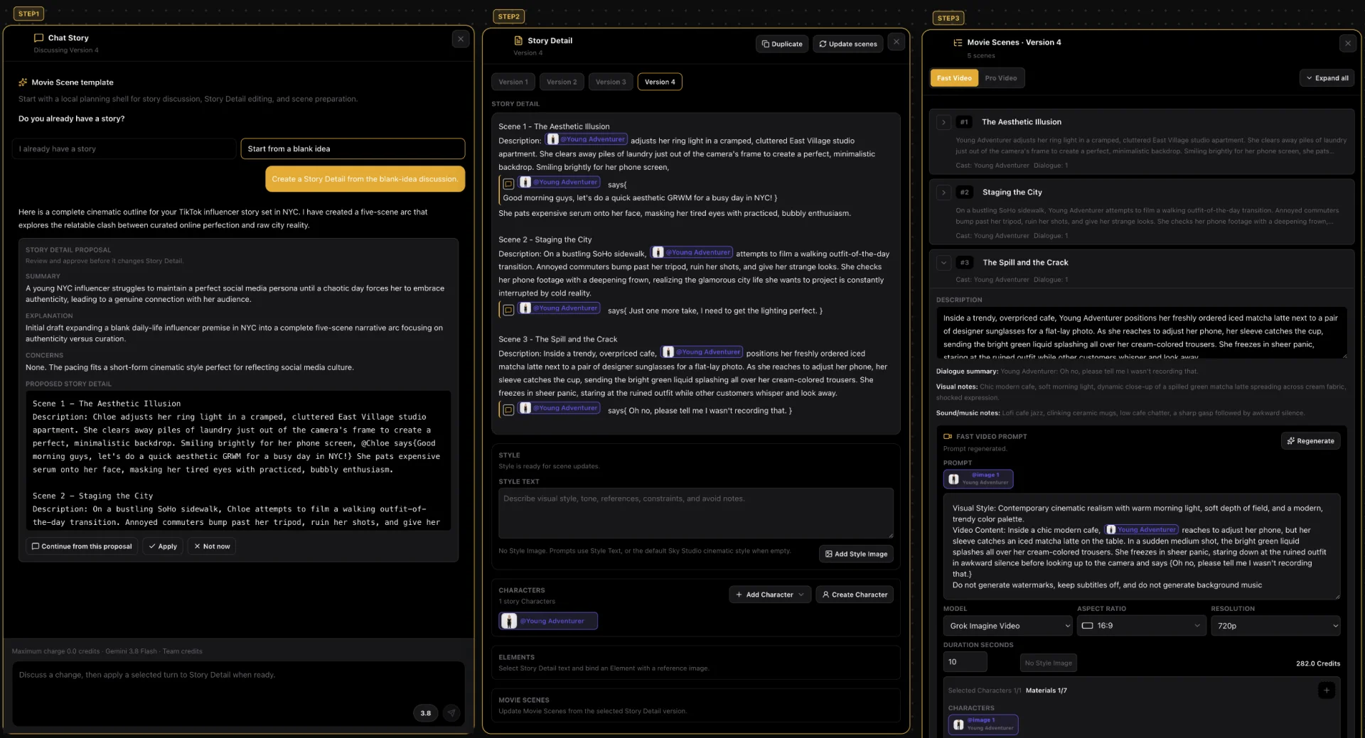 Screenshot of the Cinematic Canvas: the three steps, Chat Story, Story Detail and Movie Scenes