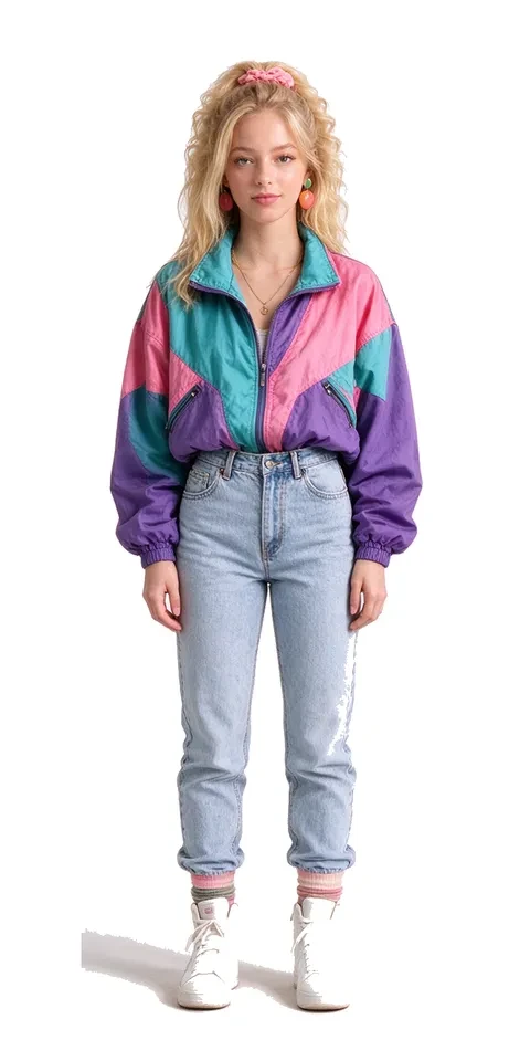 Retro girl source: a girl with blonde curls in a purple, pink and blue colour-block jacket and light jeans, full body, facing the camera on white