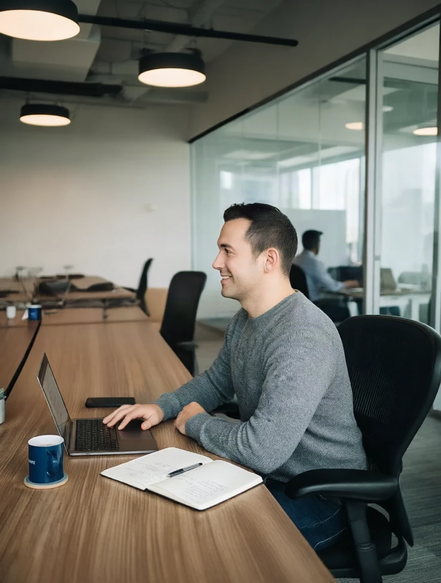 Office right 90°: the camera is at the side of the desk, the man in profile smiles at his laptop, the desk seen side-on, the office extending into the distance