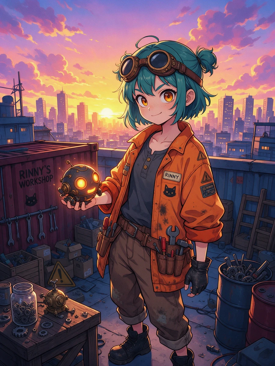 Seedream 5.0 Pro anime character: a girl with short teal hair and only one bun, a glowing round robot in her right hand