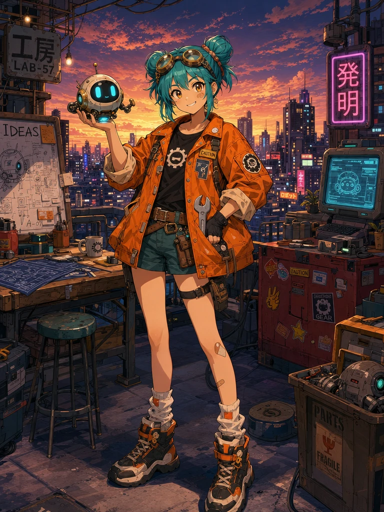 GPT Image 2 anime character: a girl with two teal buns and goggles, a glowing robot in her right hand, signs reading 工房 and 発明 behind her