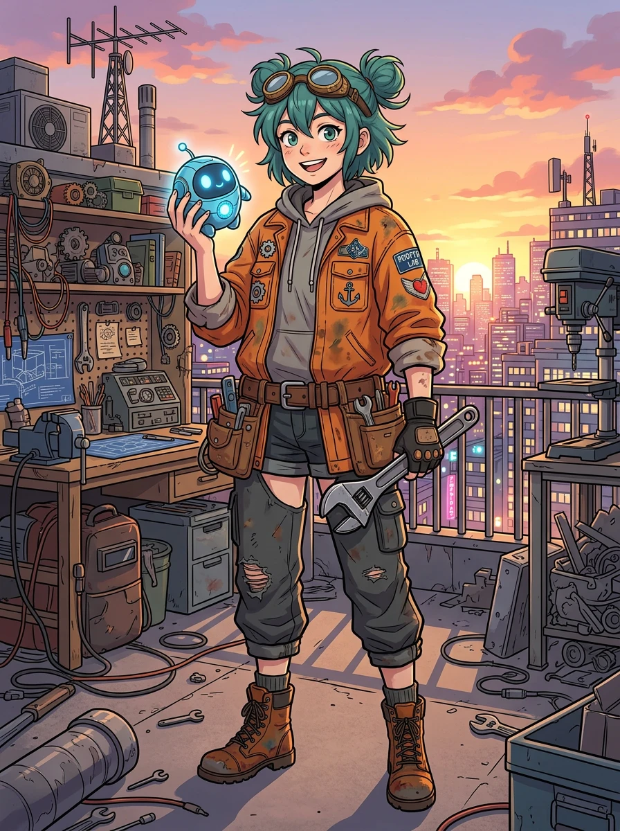 Nano Banana 2 anime character: a girl with two teal buns and goggles, a glowing robot in her right hand and a big wrench in her left