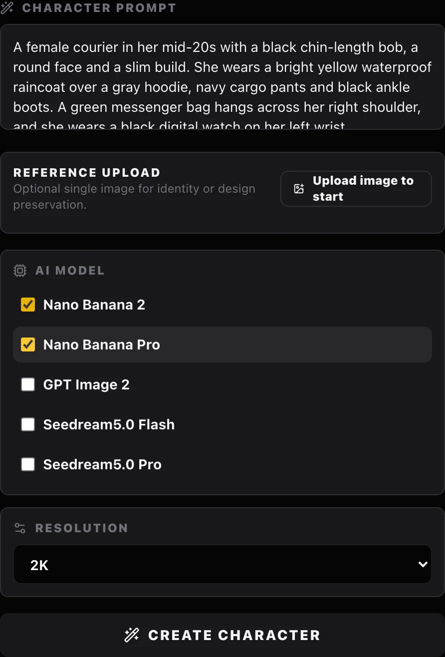Screenshot of the character creation panel: the courier description in Character prompt, Nano Banana 2 and Nano Banana Pro ticked, resolution 2K