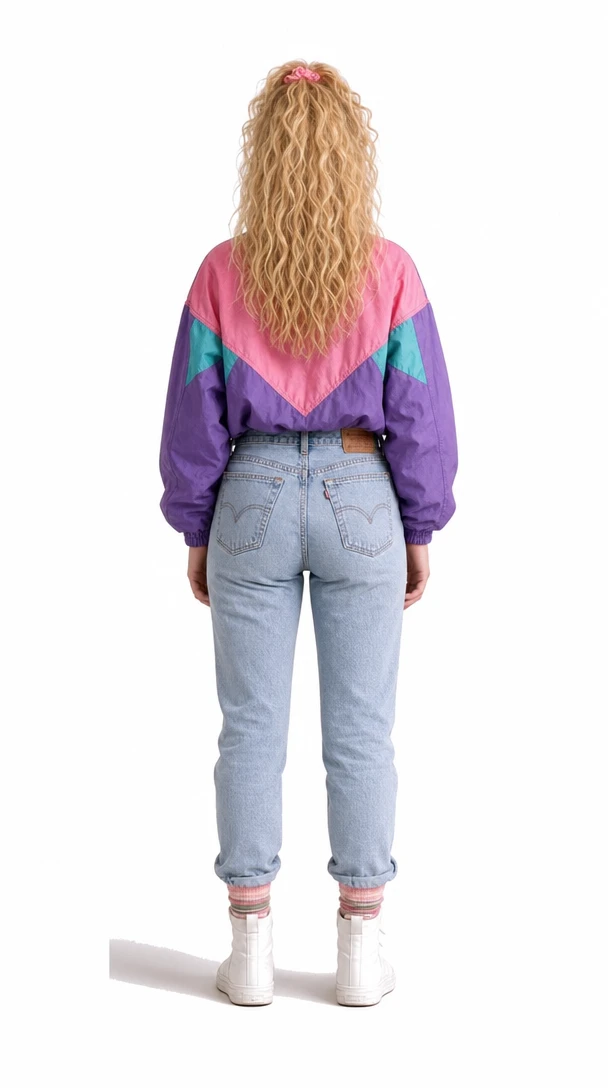 Retro girl, GPT Image 2 from behind: the same girl from the back on white, the back of the colour-block jacket and her curls clearly visible