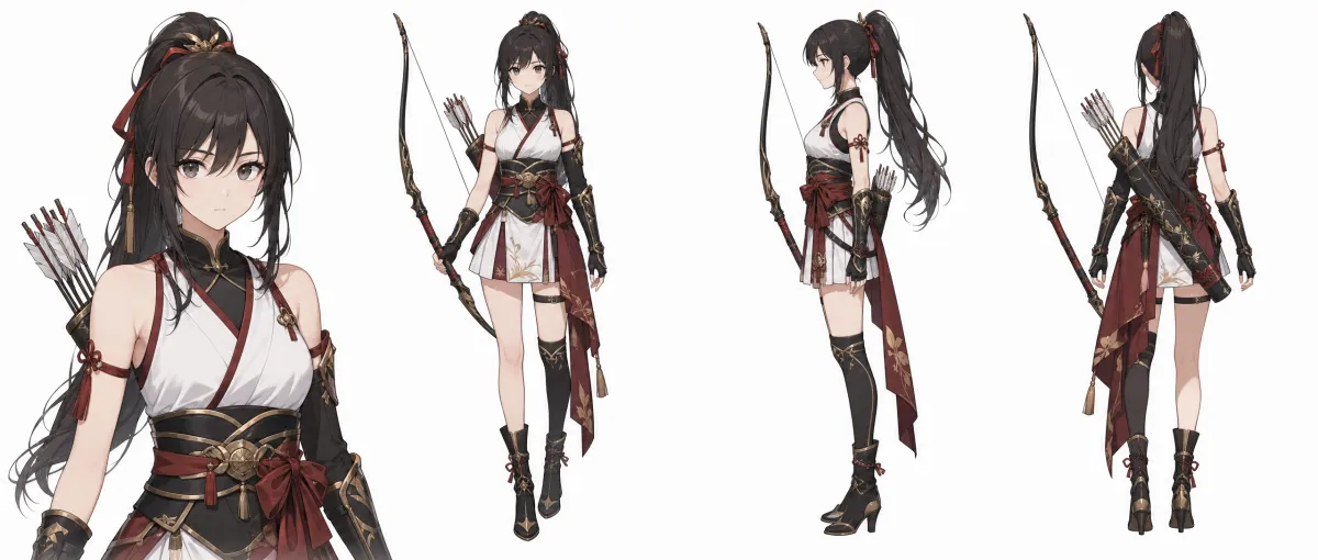 Hoja de personaje de cuatro vistas: una arquera de anime con coleta larga, traje rojo y blanco y un arco
