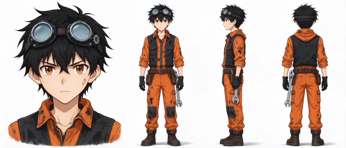 キャラクター4ビューシート：ゴーグルとオレンジのつなぎ、レンチを持つアニメの少年メカニック
