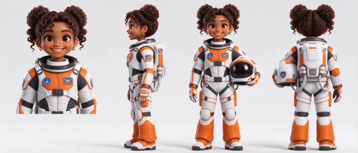 Hoja de personaje de cuatro vistas: una joven astronauta en 3D estilizado con moños rizados y traje espacial blanco y naranja, con el casco bajo el brazo