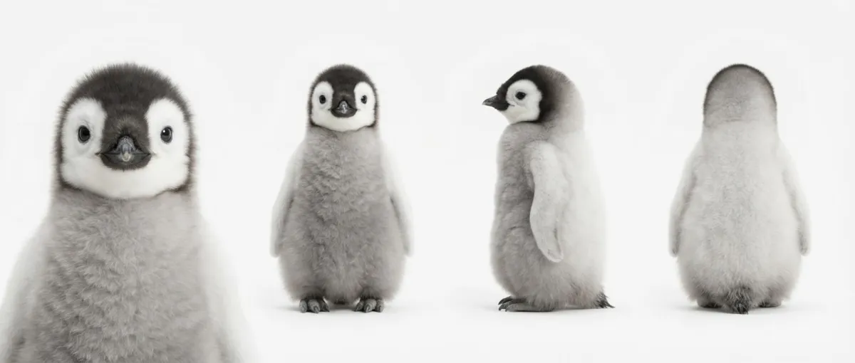 キャラクター4ビューシート：ふわふわのリアルなペンギンのひな