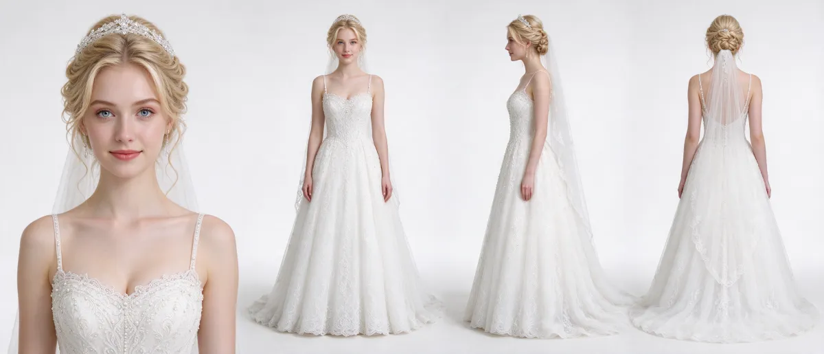 Hoja de personaje de cuatro vistas: una novia fotorrealista con vestido de encaje y velo