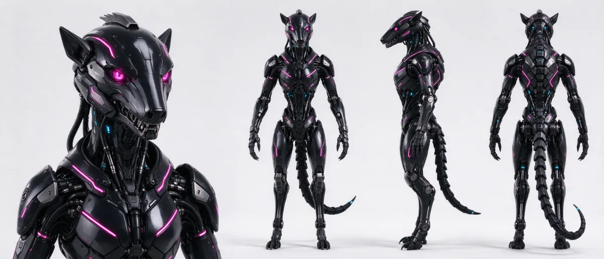 キャラクター4ビューシート：マゼンタに光るラインの黒いSFメカパンサー