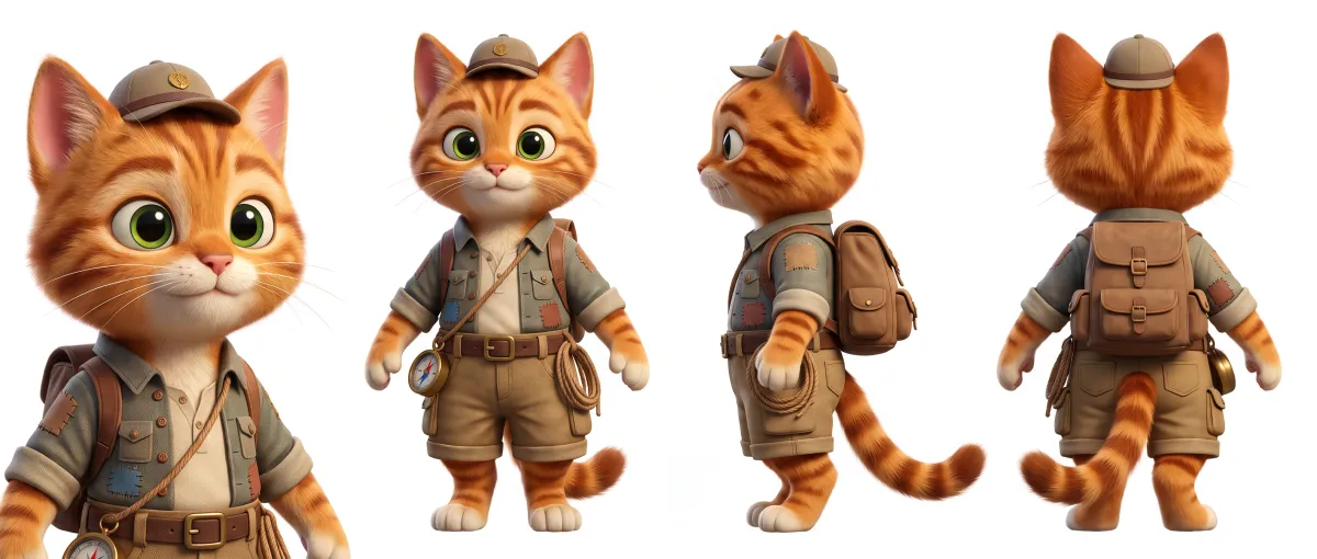 キャラクター4ビューシート：帽子とサファリシャツ、リュックの3Dカートゥーンの茶トラ猫探検家