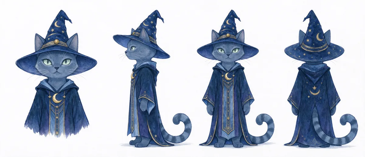 キャラクター4ビューシート：星柄の帽子とローブをまとったイラストの魔法使い猫