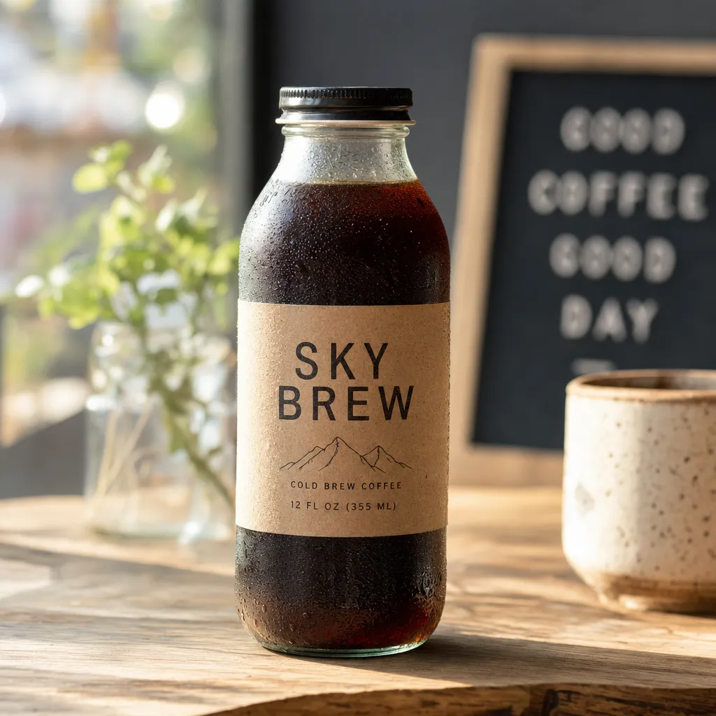 GPT Image 2が生成した商品画像:木のテーブルに置かれたSKY BREWのコールドブリューの瓶、背景にレターボードと陶器のカップ