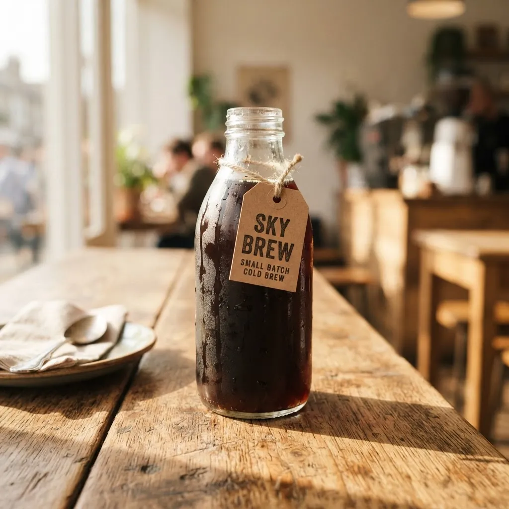 Nano Banana 2 Lite: A glass bottle of cold brew coffee on a sunlit wooden cafe table, condensation on the glass, a kraft paper label that reads "SKY BREW", soft morning light, shallow depth of field, product photography