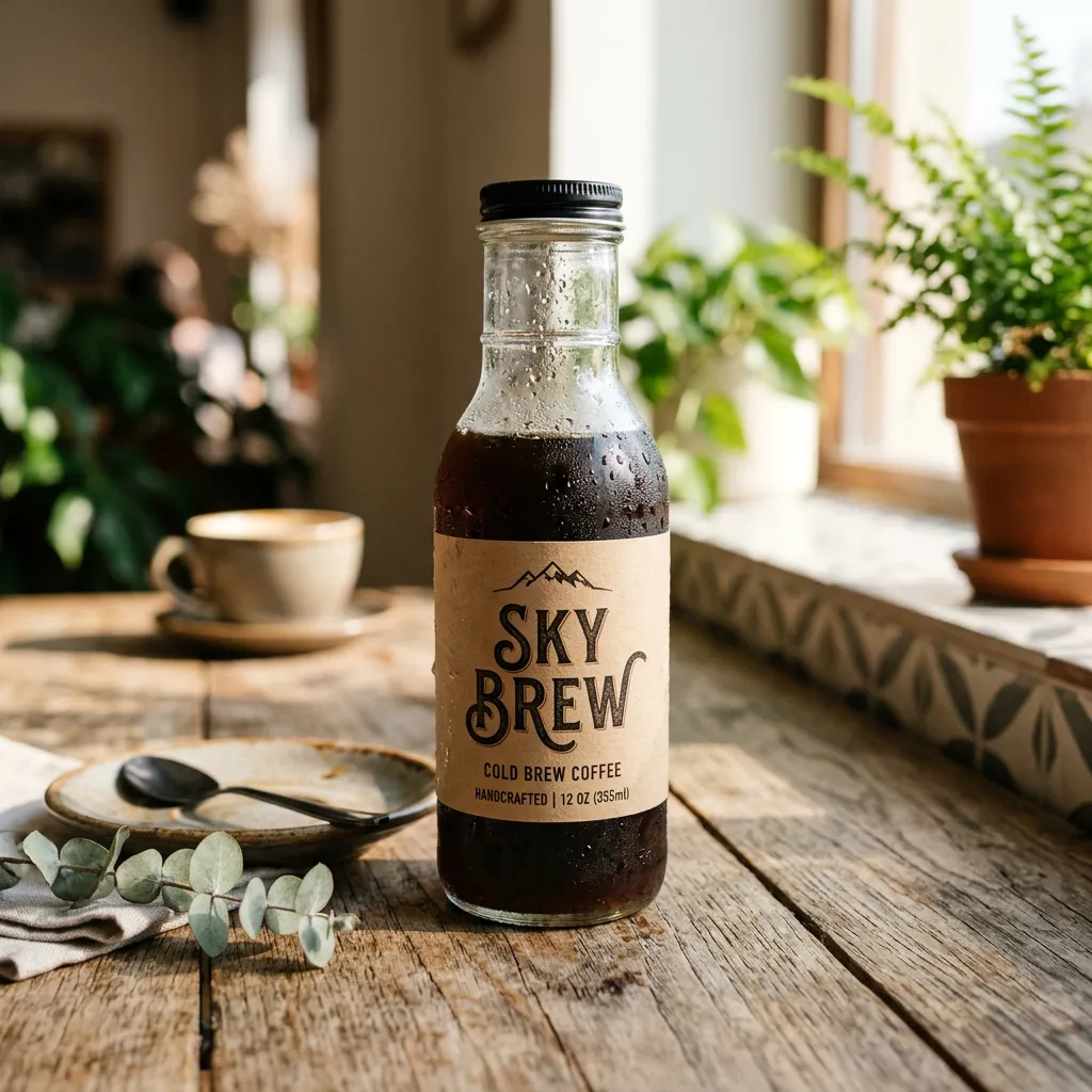 Nano Banana 2が生成した商品画像:窓辺の木のテーブルに置かれたSKY BREWのコールドブリューの瓶、クラフト紙のラベル