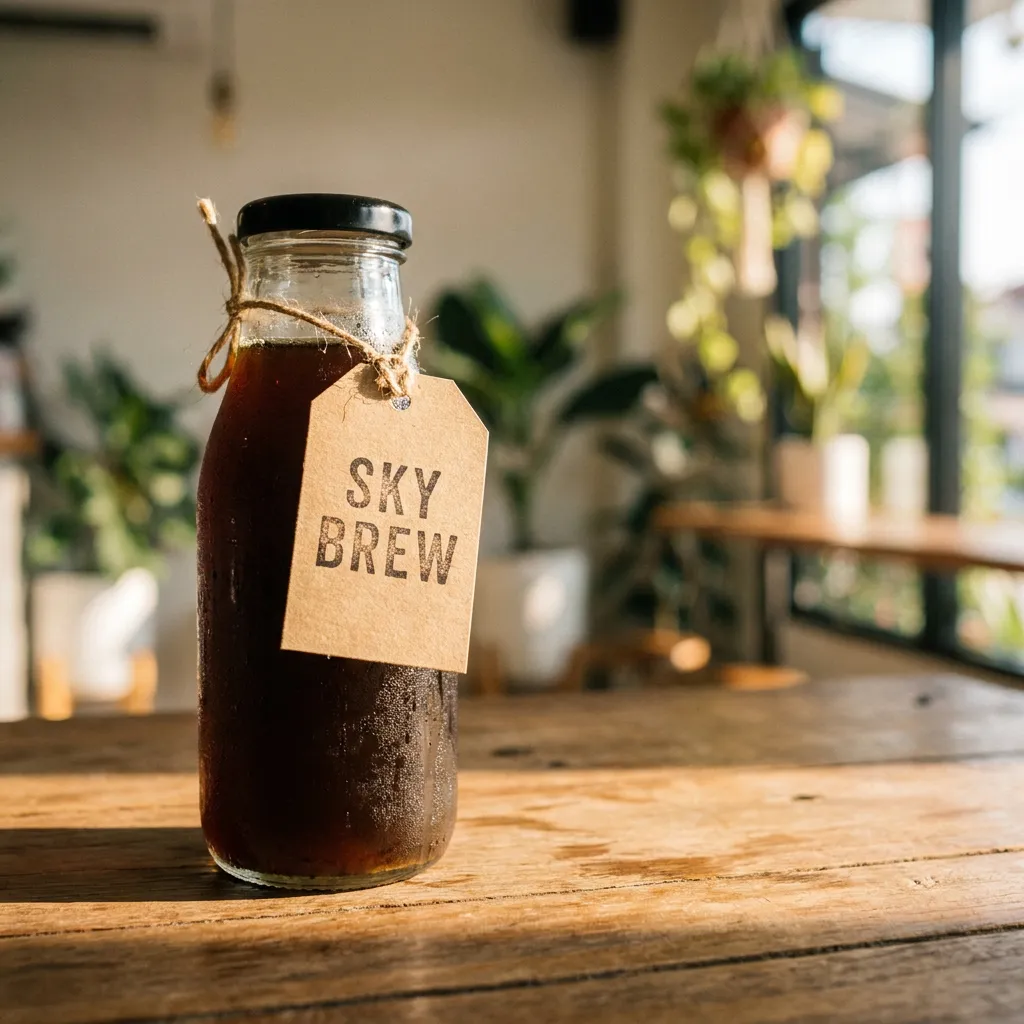 Nano Banana Proが生成した商品画像:木のテーブルに置かれたコールドブリューの瓶、首にSKY BREWと書かれたクラフト紙のタグ