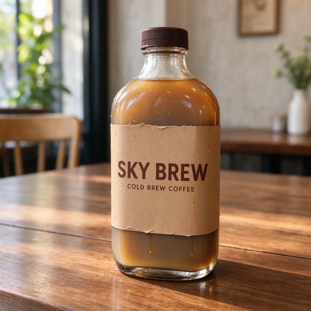Seedream 5.0 Flash: A glass bottle of cold brew coffee on a sunlit wooden cafe table, condensation on the glass, a kraft paper label that reads "SKY BREW", soft morning light, shallow depth of field, product photography